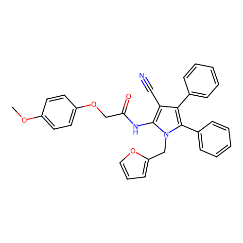 N-[3-cyano-1-(2-furylmethyl)-4,5-diphenyl-pyrrol-2-yl]-2-(4-methoxyphenoxy)acetamide structure