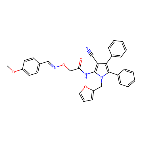 (E)-N-(3-cyano-1-(furan-2-ylmethyl)-4,5-diphenyl-1H-pyrrol-2-yl)-2-(((4-methoxybenzylidene)amino)oxy)acetamide structure