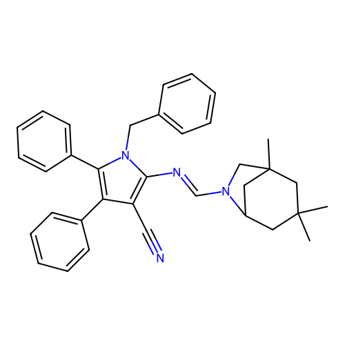 1-benzyl-4,5-diphenyl-2-{[(E)-(1,3,3-trimethyl-6-azabicyclo[3.2.1]oct-6-yl)methylidene]amino}-1H-pyrrole-3-carbonitrile structure