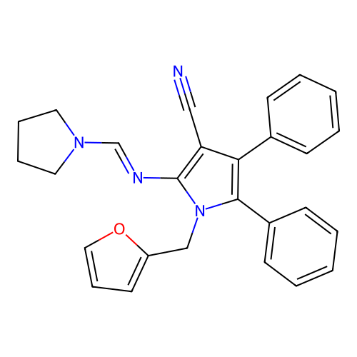(E)-1-(furan-2-ylmethyl)-4,5-diphenyl-2-((pyrrolidin-1-ylmethylene)amino)-1H-pyrrole-3-carbonitrile structure
