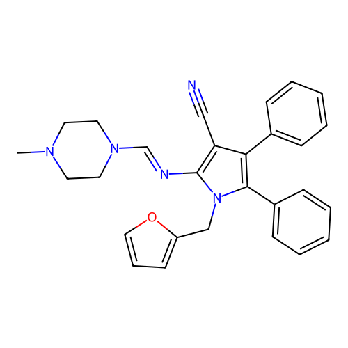 1-(furan-2-ylmethyl)-2-{[(E)-(4-methylpiperazin-1-yl)methylidene]amino}-4,5-diphenyl-1H-pyrrole-3-carbonitrile structure
