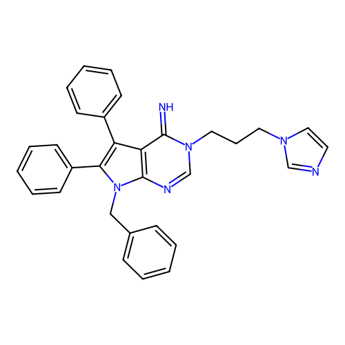 7-benzyl-3-[3-(1H-imidazol-1-yl)propyl]-5,6-diphenyl-3,7-dihydro-4H-pyrrolo[2,3-d]pyrimidin-4-imine structure