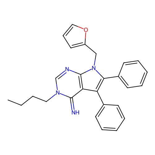 3-butyl-7-(furan-2-ylmethyl)-5,6-diphenyl-3,7-dihydro-4H-pyrrolo[2,3-d]pyrimidin-4-imine structure