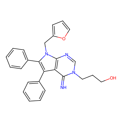 3-[7-(furan-2-ylmethyl)-4-imino-5,6-diphenyl-4,7-dihydro-3H-pyrrolo[2,3-d]pyrimidin-3-yl]propan-1-ol structure