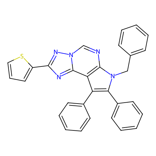 7-benzyl-8,9-diphenyl-2-(thiophen-2-yl)-7H-pyrrolo[3,2-e][1,2,4]triazolo[1,5-c]pyrimidine structure