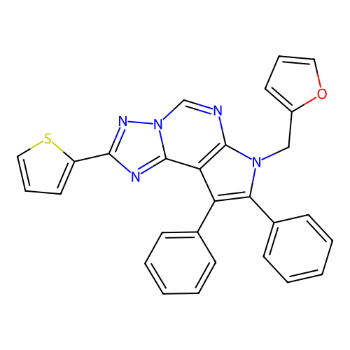 7-(furan-2-ylmethyl)-8,9-diphenyl-2-(thiophen-2-yl)-7H-pyrrolo[3,2-e][1,2,4]triazolo[1,5-c]pyrimidine structure