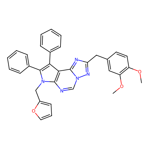 2-(3,4-dimethoxybenzyl)-7-(furan-2-ylmethyl)-8,9-diphenyl-7H-pyrrolo[3,2-e][1,2,4]triazolo[1,5-c]pyrimidine structure