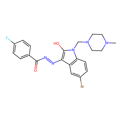 (Z)-N'-(5-bromo-1-((4-methylpiperazin-1-yl)methyl)-2-oxoindolin-3-ylidene)-4-fluorobenzohydrazide structure
