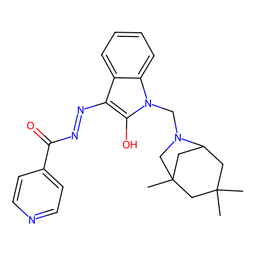 (Z)-N'-(2-oxo-1-((1,3,3-trimethyl-6-azabicyclo[3.2.1]octan-6-yl)methyl)indolin-3-ylidene)isonicotinohydrazide structure