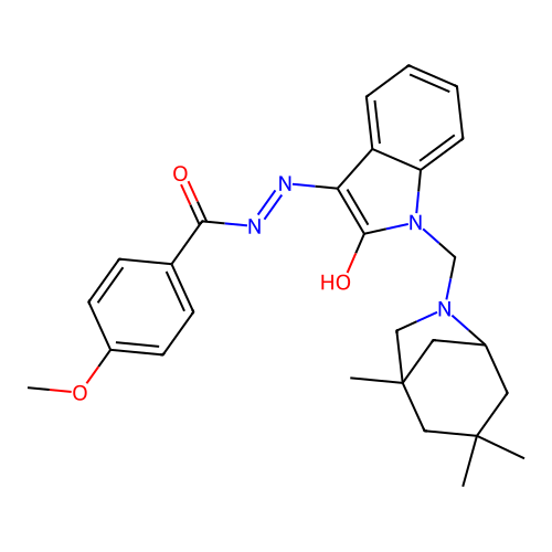 (Z)-4-methoxy-N'-(2-oxo-1-((1,3,3-trimethyl-6-azabicyclo[3.2.1]octan-6-yl)methyl)indolin-3-ylidene)benzohydrazide structure