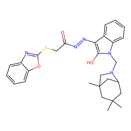 (Z)-2-(benzo[d]oxazol-2-ylthio)-N'-(2-oxo-1-((1,3,3-trimethyl-6-azabicyclo[3.2.1]octan-6-yl)methyl)indolin-3-ylidene)acetohydrazide structure