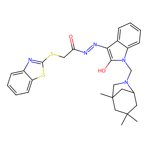 2-(1,3-benzothiazol-2-ylsulfanyl)-N'-{(3Z)-2-oxo-1-[(1,3,3-trimethyl-6-azabicyclo[3.2.1]oct-6-yl)methyl]-1,2-dihydro-3H-indol-3-ylidene}acetohydrazide structure