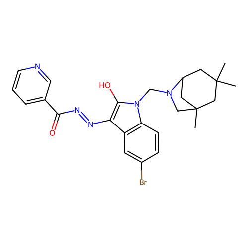 N'-{(3Z)-5-bromo-2-oxo-1-[(1,3,3-trimethyl-6-azabicyclo[3.2.1]oct-6-yl)methyl]-1,2-dihydro-3H-indol-3-ylidene}pyridine-3-carbohydrazide structure