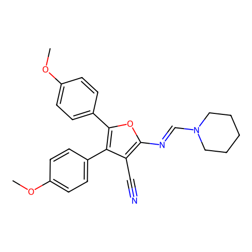 4,5-bis(4-methoxyphenyl)-2-{[(E)-piperidin-1-ylmethylidene]amino}furan-3-carbonitrile structure