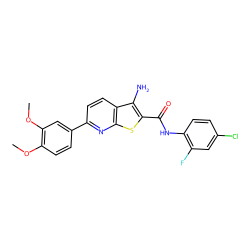3-amino-N-(4-chloro-2-fluorophenyl)-6-(3,4-dimethoxyphenyl)thieno[2,3-b]pyridine-2-carboxamide structure