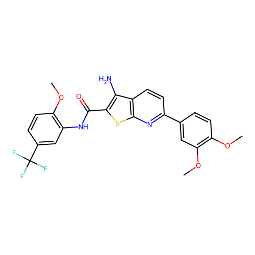 3-amino-6-(3,4-dimethoxyphenyl)-N-[2-methoxy-5-(trifluoromethyl)phenyl]thieno[2,3-b]pyridine-2-carboxamide structure