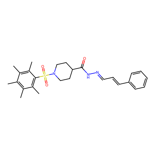 N-(cinnamylideneamino)-1-(2,3,4,5,6-pentamethylphenyl)sulfonyl-piperidine-4-carboxamide structure