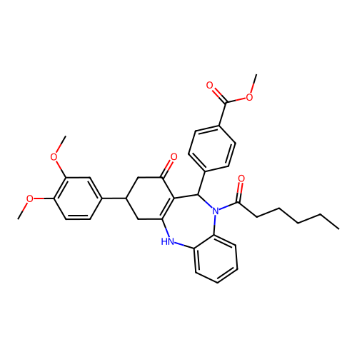 methyl 4-(3-(3,4-dimethoxyphenyl)-10-hexanoyl-1-hydroxy-3,4,10,11-tetrahydro-2H-dibenzo[b,e][1,4]diazepin-11-yl)benzoate structure