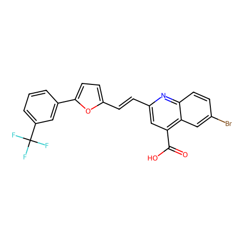6-bromo-2-[(E)-2-{5-[3-(trifluoromethyl)phenyl]furan-2-yl}ethenyl]quinoline-4-carboxylic acid structure