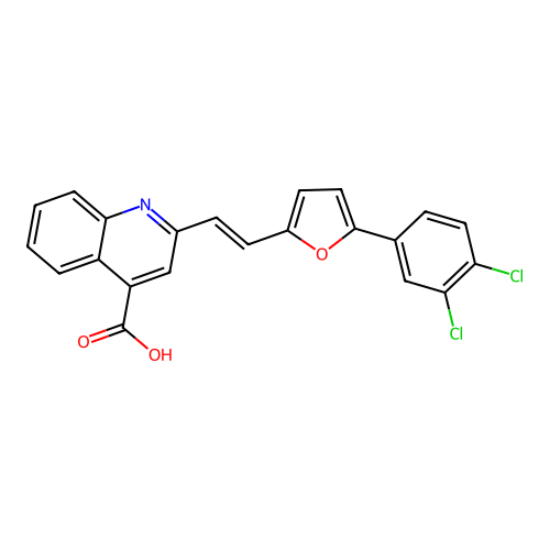 2-{(E)-2-[5-(3,4-dichlorophenyl)furan-2-yl]ethenyl}quinoline-4-carboxylic acid structure