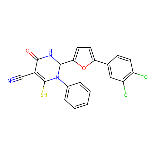 2-(5-(3,4-dichlorophenyl)furan-2-yl)-6-mercapto-4-oxo-1-phenyl-1,2,3,4-tetrahydropyrimidine-5-carbonitrile structure