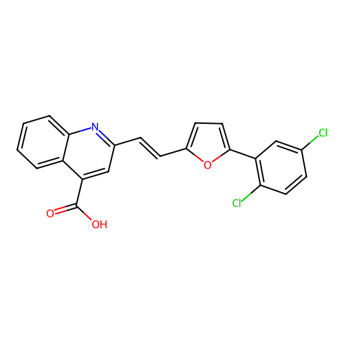 2-{(E)-2-[5-(2,5-dichlorophenyl)furan-2-yl]ethenyl}quinoline-4-carboxylic acid structure