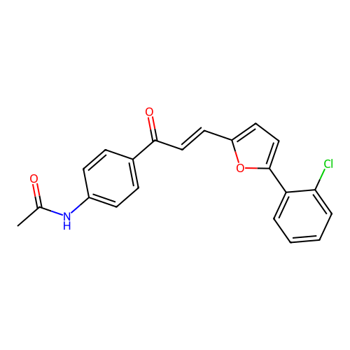 N-(4-{(2E)-3-[5-(2-chlorophenyl)furan-2-yl]prop-2-enoyl}phenyl)acetamide structure