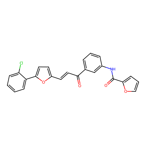 N-[3-[(E)-3-[5-(2-chlorophenyl)furan-2-yl]prop-2-enoyl]phenyl]furan-2-carboxamide structure