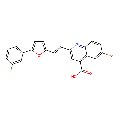 6-bromo-2-{(E)-2-[5-(3-chlorophenyl)furan-2-yl]ethenyl}quinoline-4-carboxylic acid structure