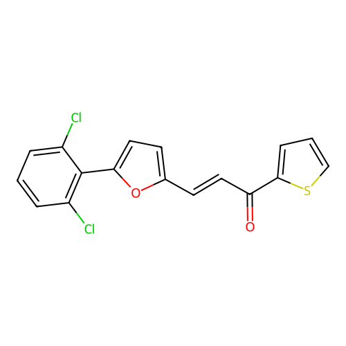 (E)-3-[5-(2,6-dichlorophenyl)furan-2-yl]-1-thiophen-2-ylprop-2-en-1-one structure
