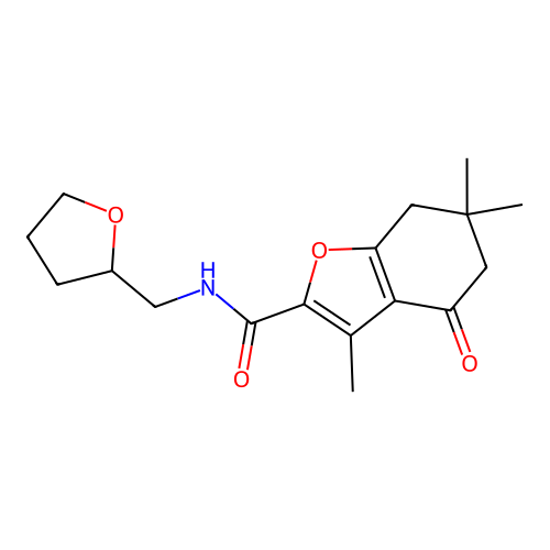 3,6,6-trimethyl-4-oxo-N-(oxolan-2-ylmethyl)-5,7-dihydro-1-benzofuran-2-carboxamide structure