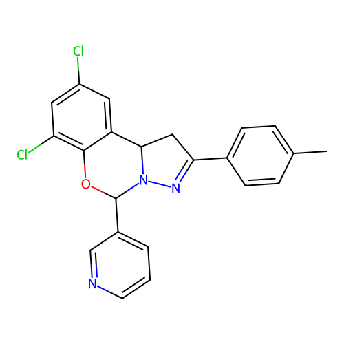 2,4-dichloro-9-(4-methylphenyl)-6-(3-pyridyl)-6H,10aH-benzo[e]2-pyrazolino[1,5 -c]1,3-oxazine structure