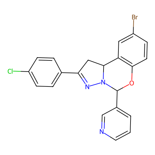 2-bromo-9-(4-chlorophenyl)-6-(3-pyridyl)-6H,10aH-benzo[e]2-pyrazolino[1,5-c]1, 3-oxazine structure