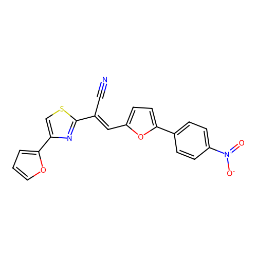 (E)-2-(4-(furan-2-yl)thiazol-2-yl)-3-(5-(4-nitrophenyl)furan-2-yl)acrylonitrile structure