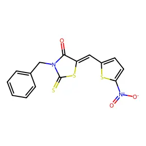 (5E)-3-benzyl-5-[(5-nitrothiophen-2-yl)methylidene]-2-sulfanylidene-1,3-thiazolidin-4-one structure