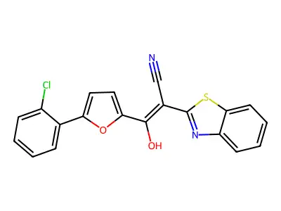 (2Z)-2-benzothiazol-2-yl-3-[5-(2-chlorophenyl)(2-furyl)]-3-hydroxyprop-2-eneni trile structure