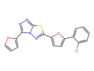 6-[5-(2-chlorophenyl)furan-2-yl]-3-(furan-2-yl)-[1,2,4]triazolo[3,4-b][1,3,4]thiadiazole structure