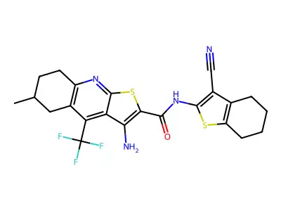 3-amino-N-(3-cyano-4,5,6,7-tetrahydro-1-benzothiophen-2-yl)-6-methyl-4-(trifluoromethyl)-5,6,7,8-tetrahydrothieno[2,3-b]quinoline-2-carboxamide structure