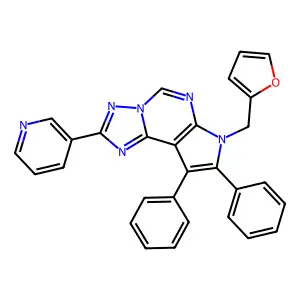 7-(furan-2-ylmethyl)-8,9-diphenyl-2-(pyridin-3-yl)-7H-pyrrolo[3,2-e][1,2,4]triazolo[1,5-c]pyrimidine structure