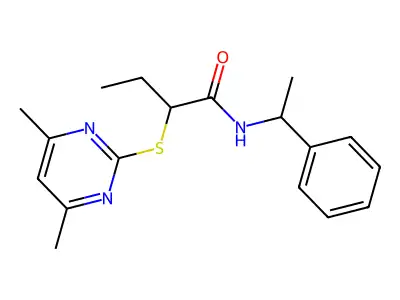 2-(4,6-dimethylpyrimidin-2-yl)sulfanyl-N-(1-phenylethyl)butanamide structure