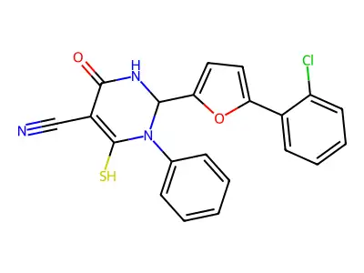 2-[5-(2-chlorophenyl)furan-2-yl]-6-oxo-3-phenyl-4-sulfanyl-1,2-dihydropyrimidine-5-carbonitrile structure