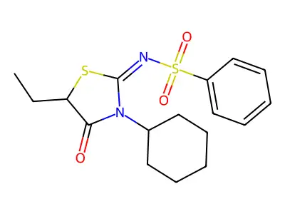 N-(3-cyclohexyl-5-ethyl-4-oxo-1,3-thiazolidin-2-ylidene)benzenesulfonamide structure