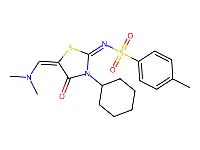 N-[(2E,5E)-3-cyclohexyl-5-[(dimethylamino)methylidene]-4-oxo-1,3-thiazolidin-2-ylidene]-4-methylbenzene-1-sulfonamide structure