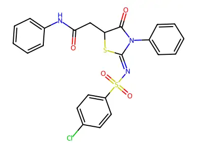 2-[2-(4-chlorophenyl)sulfonylimino-4-oxo-3-phenyl-1,3-thiazolidin-5-yl]-N-phenylacetamide structure