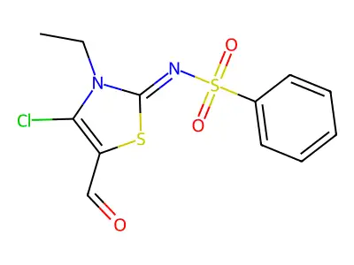 N-(4-chloro-3-ethyl-5-formyl-1,3-thiazol-2-ylidene)benzenesulfonamide structure