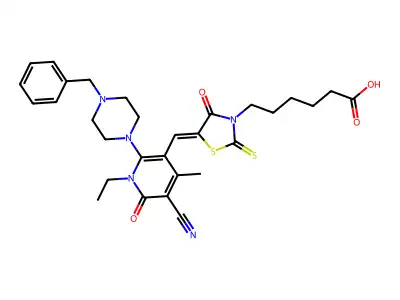5-[[5-Cyano-1-ethyl-1,6-dihydro-4-methyl-6-oxo-2-[4-(phenylmethyl)-1-piperazinyl]-3-pyridinyl]methylene]-4-oxo-2-thioxo-3-thiazolidinehexanoic acid structure