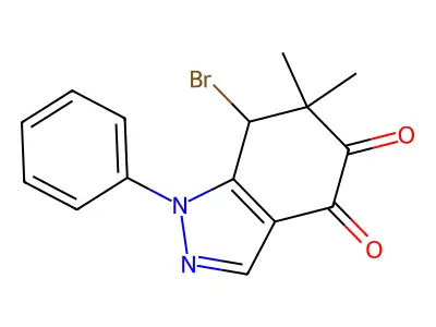 7-bromo-6,6-dimethyl-1-phenyl-7H-indazole-4,5-dione structure