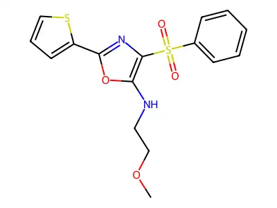 4-(benzenesulfonyl)-N-(2-methoxyethyl)-2-thiophen-2-yl-1,3-oxazol-5-amine structure