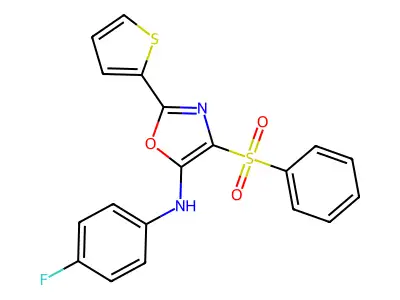 4-(benzenesulfonyl)-N-(4-fluorophenyl)-2-thiophen-2-yl-1,3-oxazol-5-amine structure