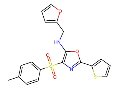 N-(furan-2-ylmethyl)-2-(thiophen-2-yl)-4-tosyloxazol-5-amine structure
